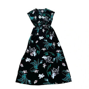Halogen Black Green Floral Botanical Faux Wrap Maxi Dress Slit Short Sleeve XS